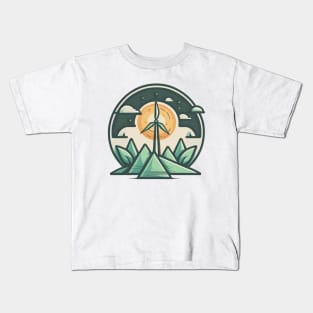 Eco-Friendly Cartoon Wind Turbine Design - Planting Trees One Product at a Time Kids T-Shirt